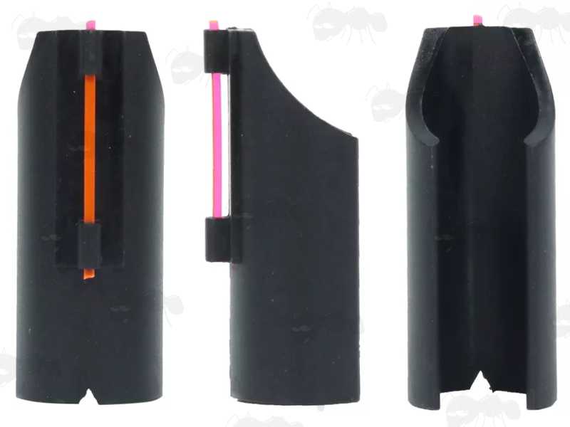 Top, Side and inner View of The Plain Shotgun Barrel Fiber Optic Sights, Red, Orange and Green Fibre Models
