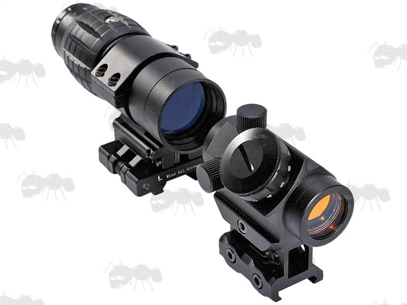 AnTac Mini Red Dot Sight High Weaver / Picatinny Riser Rail, Paired with The Flip To The Side Weaver / Picatinny Rail Fitting Airsoft Sight Magnifier with x3 Magnification