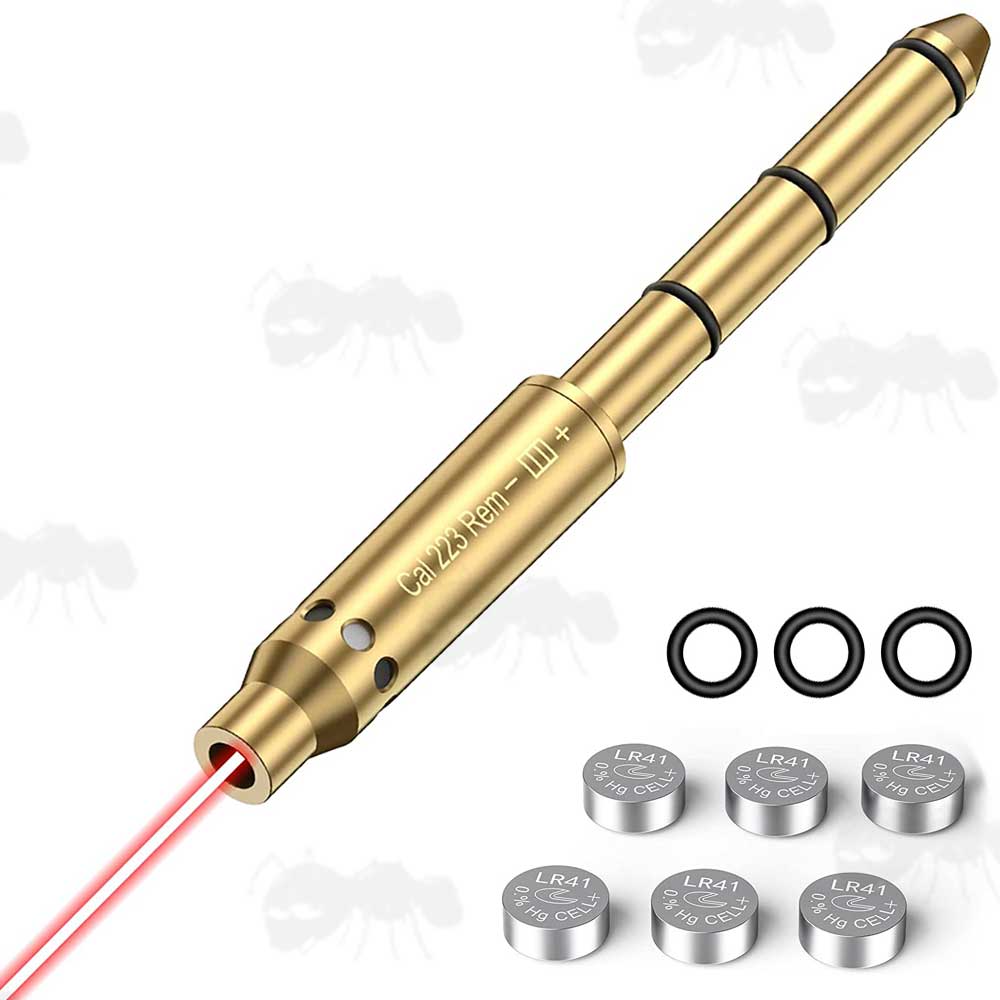 Brass .223 Calibre Rifle Barrel Muzzle Fitting Laser BoreSighter with Spare Black Rubber O-Rings and Button Cell Batteries