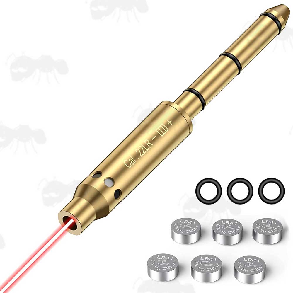Brass .22LR Calibre Rifle Barrel Muzzle Fitting Laser BoreSighter with Spare Black Rubber O-Rings and Button Cell Batteries