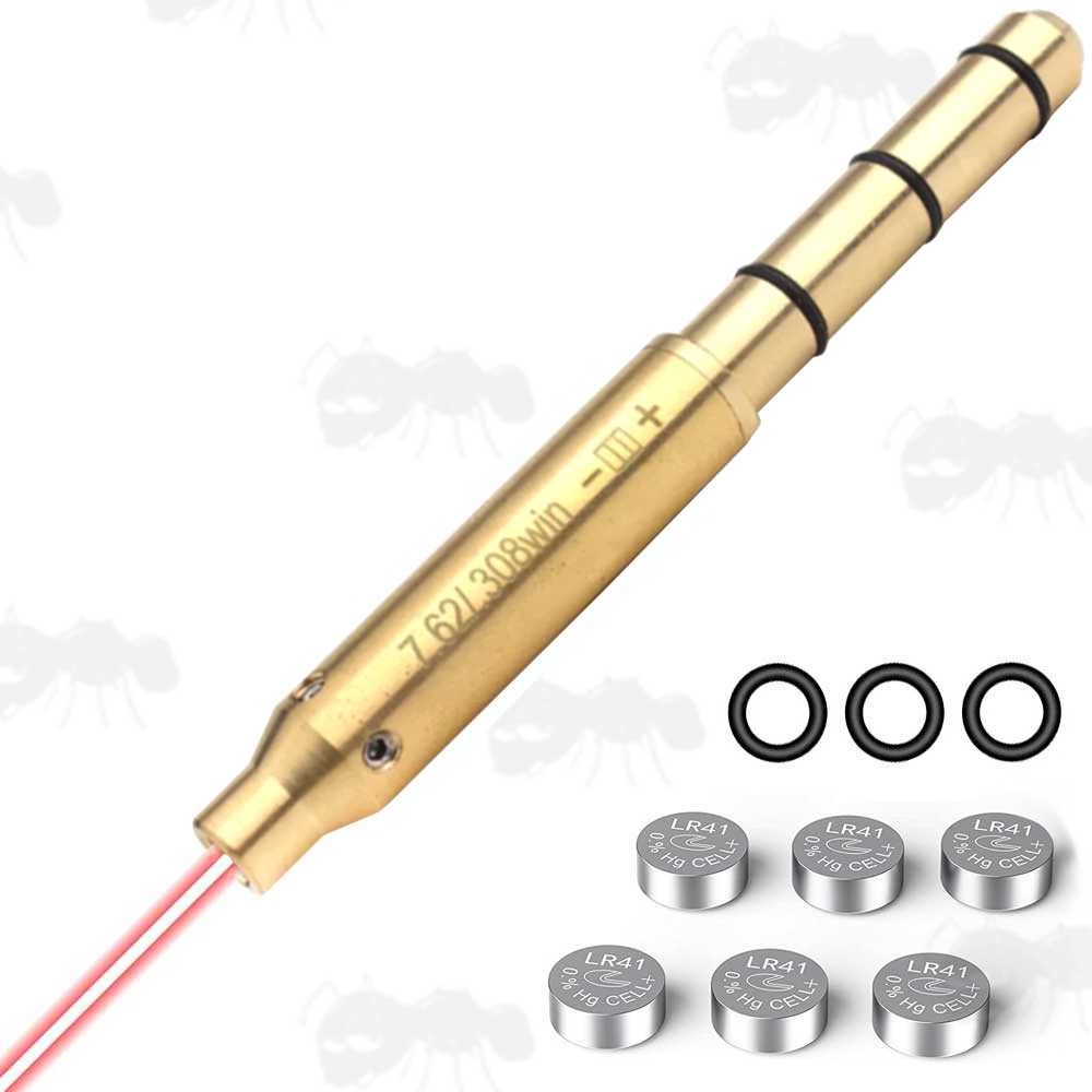 Brass .380 Calibre Rifle Barrel Muzzle Fitting Laser BoreSighter with Spare Black Rubber O-Rings and Button Cell Batteries