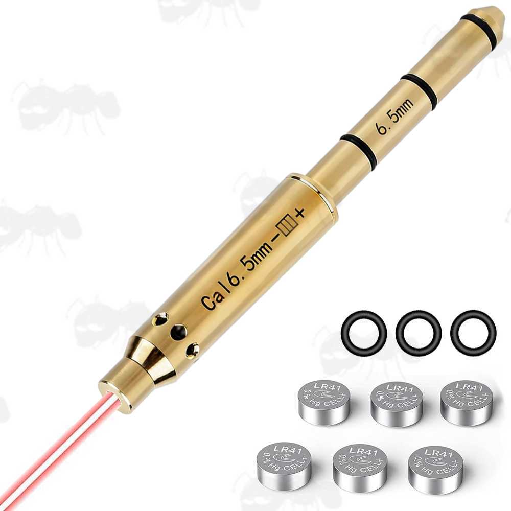 Brass 6.5mm Calibre Rifle Barrel Muzzle Fitting Laser BoreSighter with Spare Black Rubber O-Rings and Button Cell Batteries