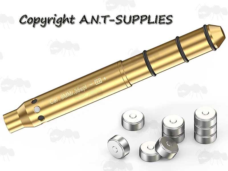 Brass 9mm Calibre Rifle Barrel Muzzle Fitting Laser BoreSighter with Spare Button Cell Batteries