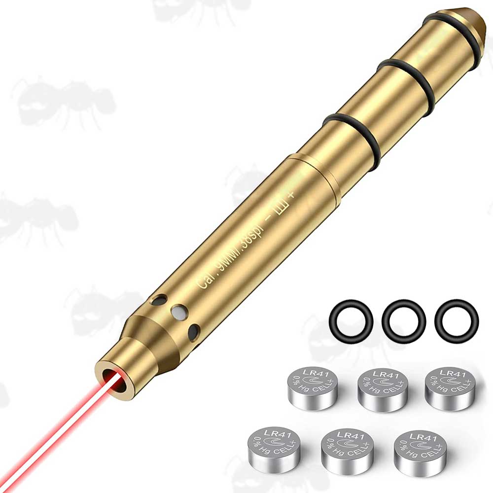 Brass 9mm Calibre Rifle Barrel Muzzle Fitting Laser BoreSighter with Spare Black Rubber O-Rings and Button Cell Batteries
