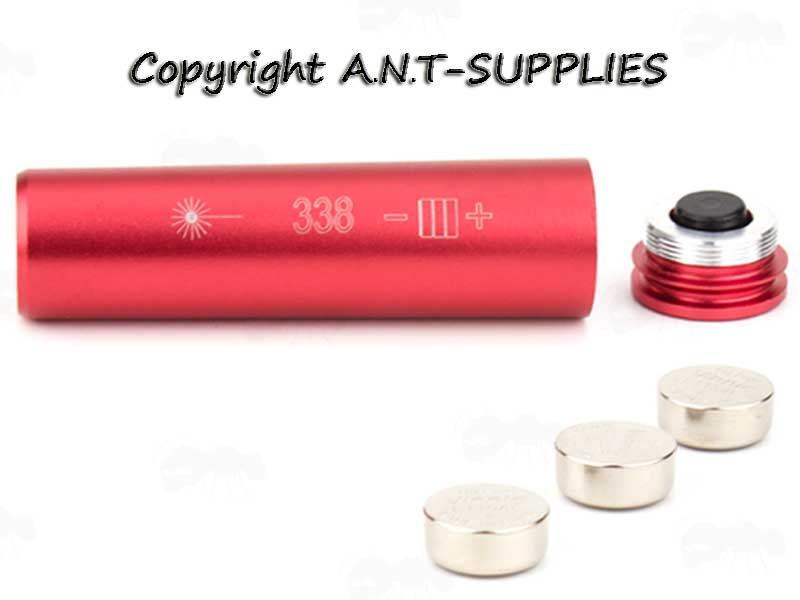 Red Anodised Aluminium .338 Lapua Calibre Rifle Cartridge Style Laser Bore Sighter Shown with Three Button Cell Batteries