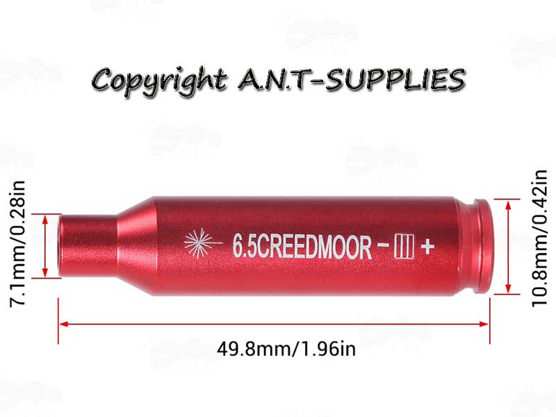 Red Anodised Aluminium 6.5mm Creedmoor Calibre Rifle Cartridge Style Laser Bore Sighter Shown with Dimensions