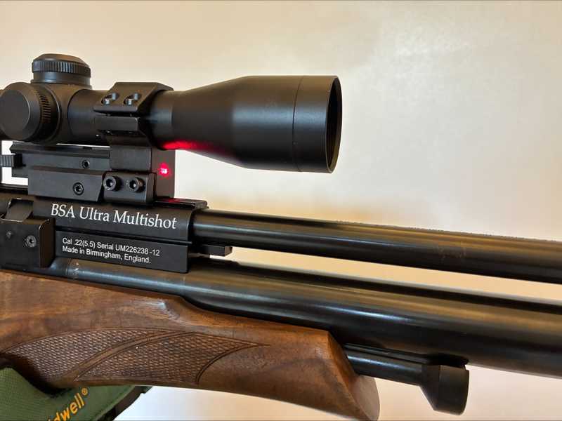 USB Rechargeable Low-Profile Black Aluminium Dovetail Gun Rail Mount Red Laser Sight with One Slot Top Accessory Rail, Shown Fitted to Our Customers BSA Ultra Multi-Shot PCP Rifle in .22 Calibre