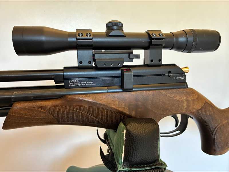 USB Rechargeable Low-Profile Black Aluminium Dovetail Gun Rail Mount Red Laser Sight with One Slot Top Accessory Rail, Side View of The Laser Fitted to Our Customers BSA Ultra Multi-Shot PCP Rifle in .22 Calibre