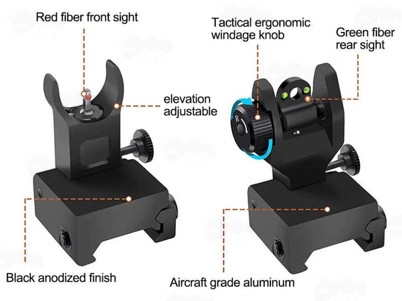 Features of The Front and Rear Compact Design Folding Iron Sights with Red and Green Fibre Optics