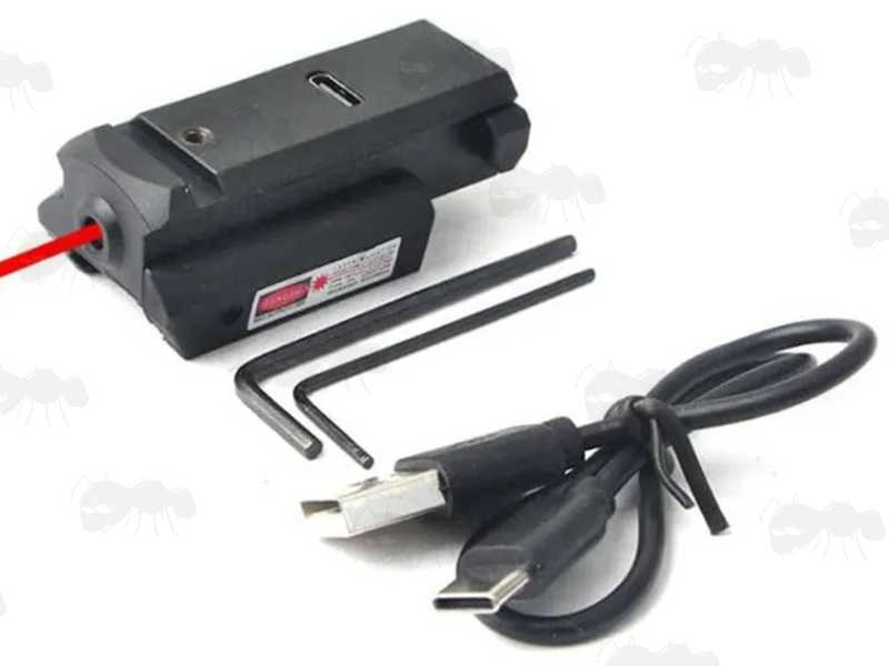 USB-C Rechargeable Low-Profile Black Aluminium Gun Rail Mount Red Laser Sight, with Allen Keys and USB Charging Cable