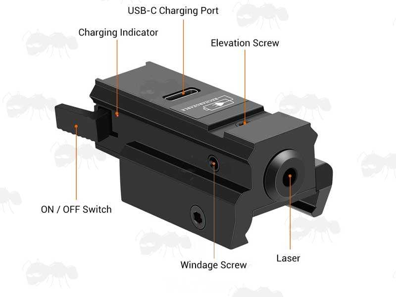 Guide to the Features on The USB Rechargeable Low-Profile Black Aluminium Gun Rail Mount Red Laser Sight