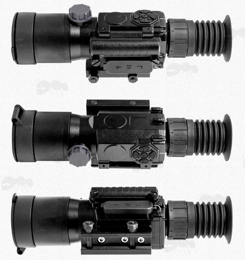 Top, Side and Base View of The Digital Night Vision Rifle Scope, with Picatinny Rail Base Mount