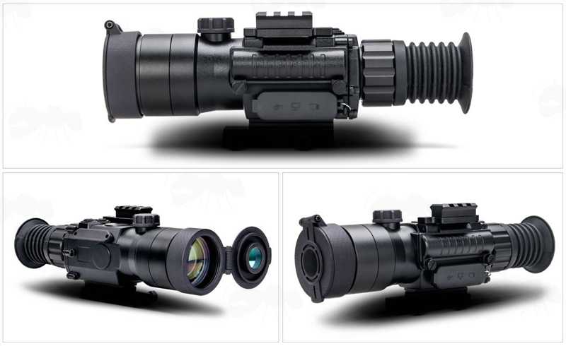 Views of The Lens Filter Cover Closed and Open on The Digital Night Vision Rifle Scope, with Picatinny Rail Base Mount