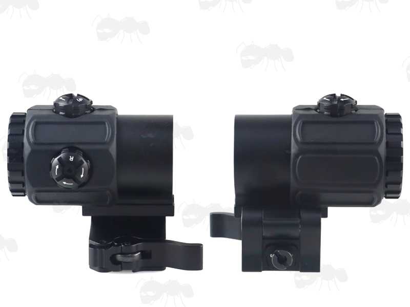 Left and Right Side Views of The Miniaturised Magnifier with x3 Magnification, Mounted on a Flip To The Side Picatinny Rail Base Mount