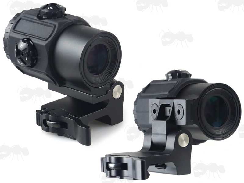 Flipped Over View of The Miniaturised Magnifier with x3 Magnification, Mounted on a Flip To The Side Picatinny Rail Base Mount