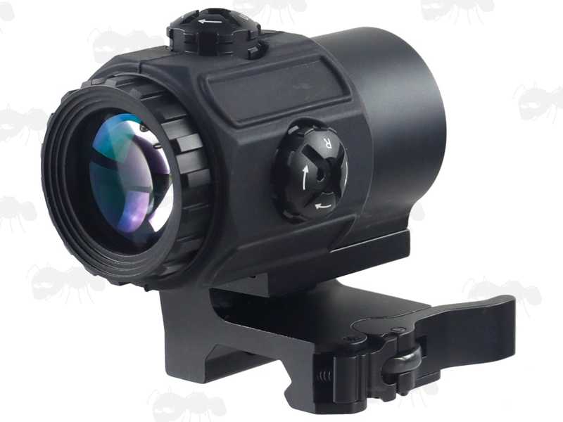 Dot Sight Miniaturised Magnifier with x3 Magnification, Mounted on a Flip To The Side Picatinny Rail Base Mount