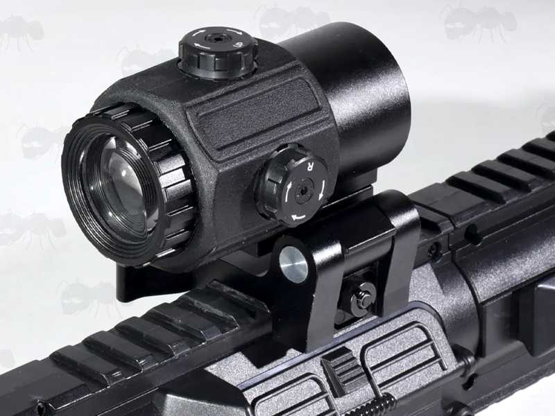 Dot Sight Miniaturised Magnifier with x3 Magnification, Mounted on a Flip To The Side Picatinny Rail Base Mount, Shown Fitted to Rifle