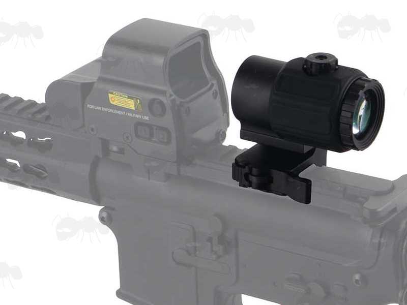 Dot Sight Miniaturised Magnifier with x3 Magnification, Mounted on a Flip To The Side Picatinny Rail Base Mount, Shown Fitted To Rifle