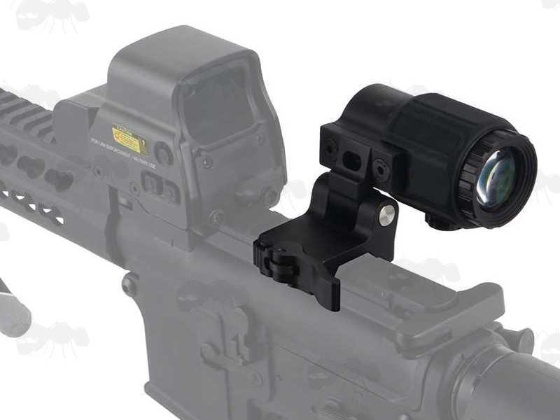 Dot Sight Miniaturised Magnifier with x3 Magnification, Mounted on a Flip To The Side Picatinny Rail Base Mount, Shown Fitted To Rifle and Flipped to The Side