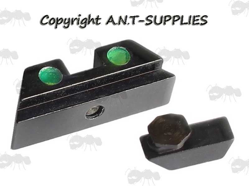 Front and Rear Glock Pistol Ironsights with Green Dots