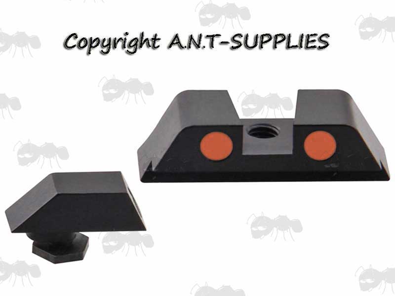 Front and Rear Glock Pistol Ironsights with Red / Orange Dots
