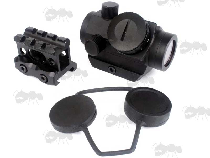 AnTac Micro Red Dot Sight with Rubber Bikini Style Lens Covers, With High Weaver / Picatinny Riser Rail