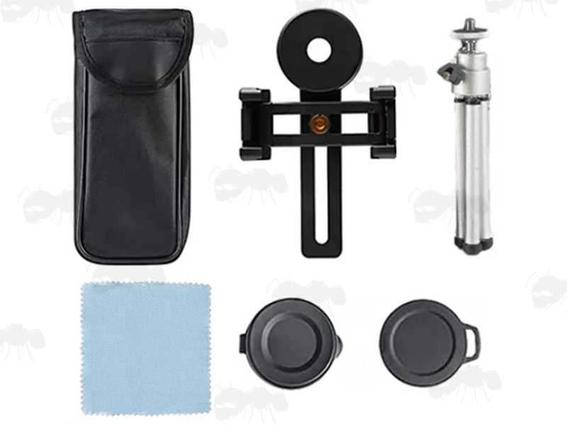 Carry Case, Lens Caps, Lens Cleaning Cloth, Smartphone Adapter and Tripod for the Large 16x Magnification Monocular
