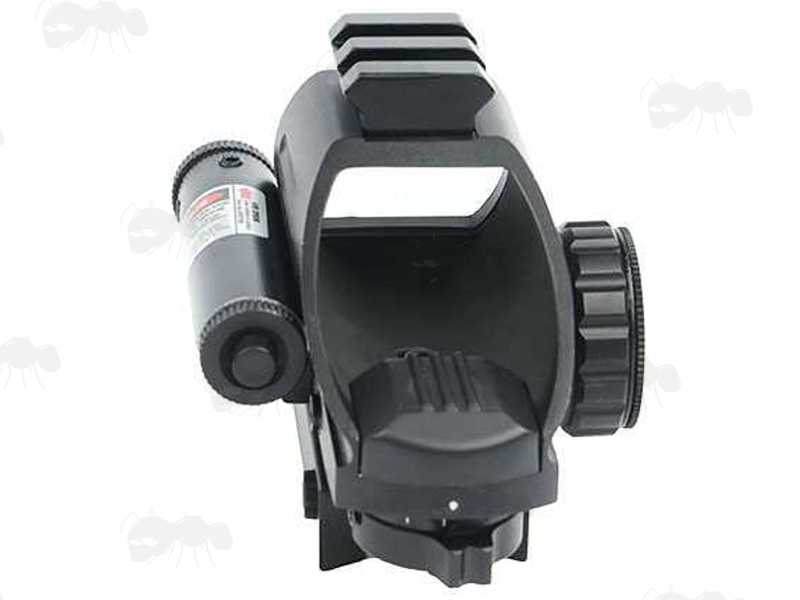 Rear View of The Reflex Multi-Reticle Red / Green Dot Reflex Sight for Weaver / Picatinny Rails, with Integrated Red Laser Unit