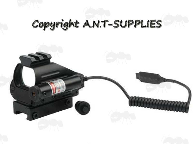 Reflex Multi-Reticle Red / Green Dot Reflex Sight for Weaver / Picatinny Rails, with Integrated Red Laser Unit Shown with Remote Tailcap Switch Fitted