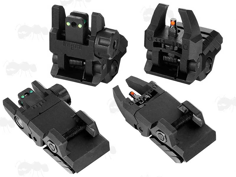 Pair of Black Polymer Folding Fibre Optic Rifle Rail Fitting Sights Shown In Folded Up and Down Positions