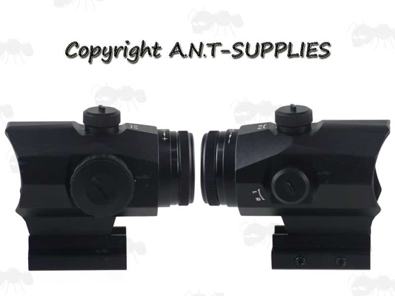 Left and Right Side Views of The Angular Design 1x20 Prism Red and Green Dot Sight with Weaver / Picatinny Rail Base Mount