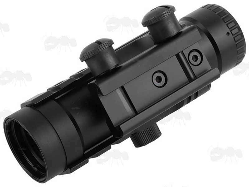Base Rail Mount Fitting on The Illuminated 4x32 Prismatic Rifle Scope with Accessory Rails