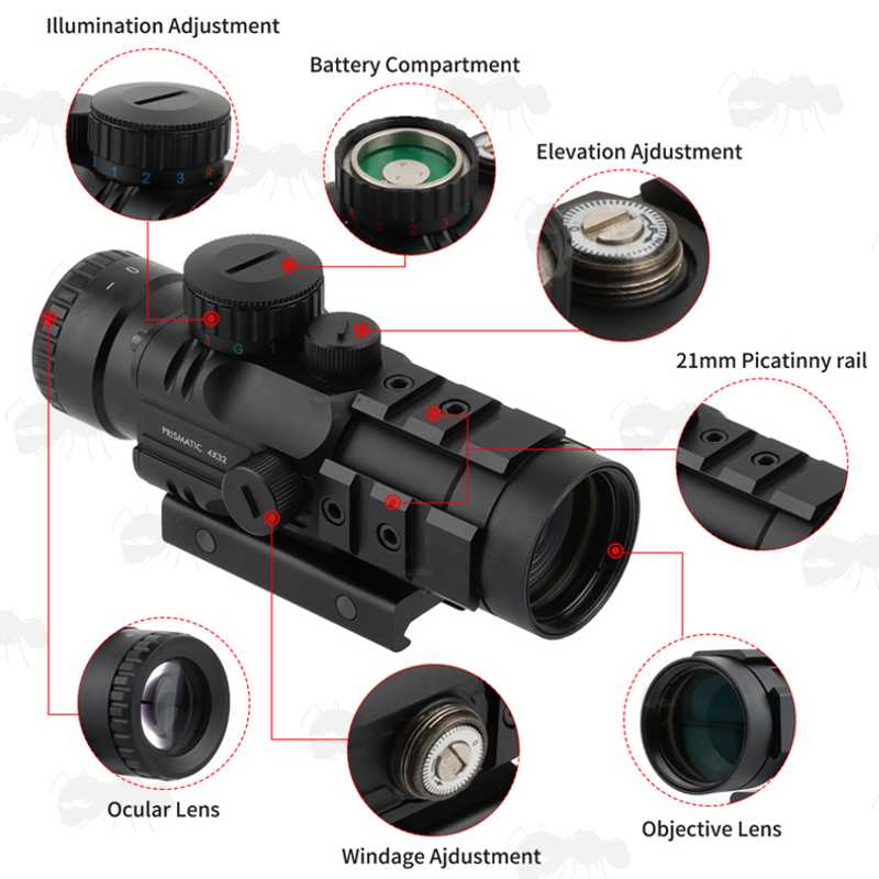 Features on The Illuminated 4x32 Prismatic Rifle Scope with Accessory Rails
