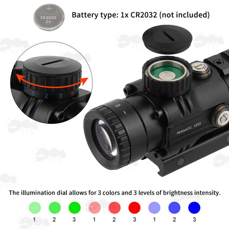 View of The Rheostat with Brightness Control Guide on The Illuminated 4x32 Prismatic Rifle Scope with Accessory Rails