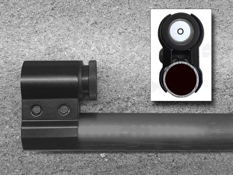 Front Diopter Sight for Bell Target Rifle Barrel Mounting with Width Adjustment, Shown on a Gun Barrel