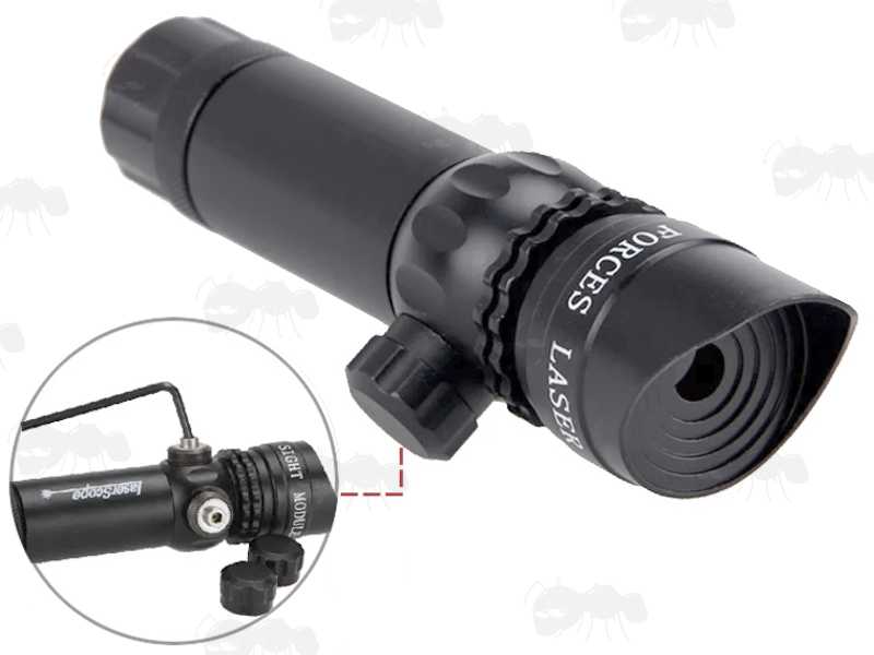 Adjustable Windage and Elevation Green Laser Rifle Sight with Rear Switch, Shown with Turret Caps Removed for Adjustment