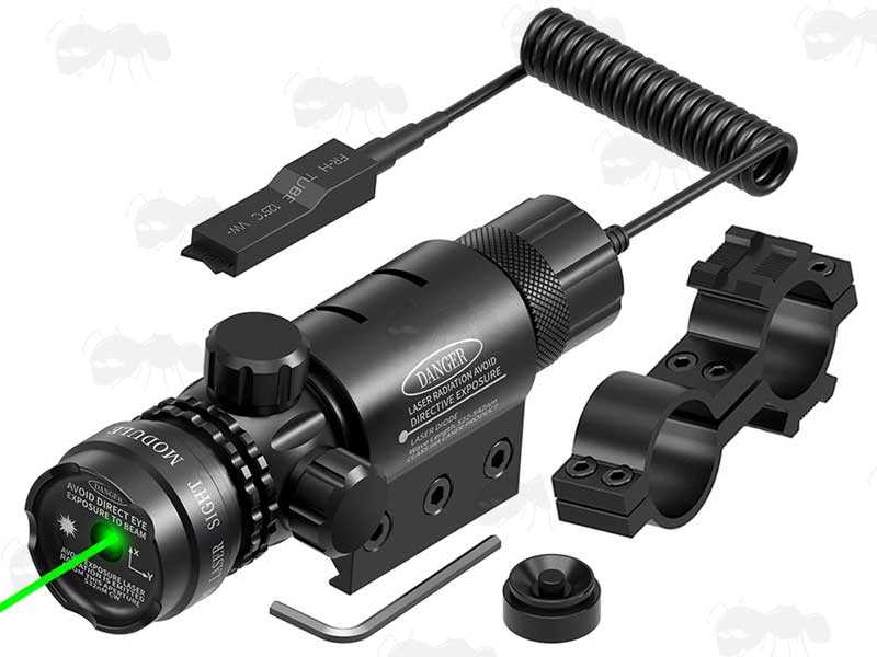 Adjustable Green Laser Sight Fitted with Weaver / Picatinny Rail Mount and with Remote Tailcap and Figure of Eight Scope Tube Mount