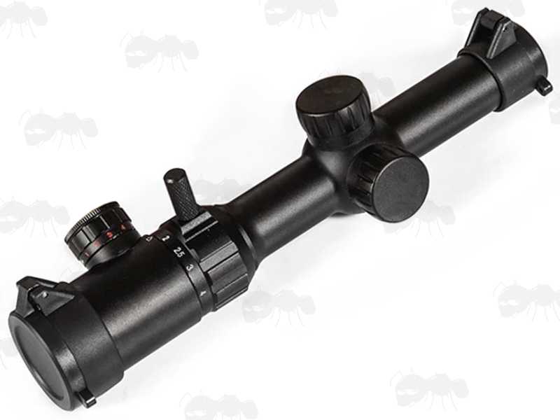Short 1-4x20 Red and Green Illuminated LPVO Rifle Scope with AnTac Flip-Up Style Lens Covers