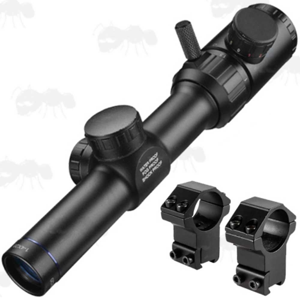 Pair of Flat Top High-Profile Dovetail Rail Scope Mounts with The Short 1-4x20 Red and Green Illuminated LPVO Rifle Scope Reticle