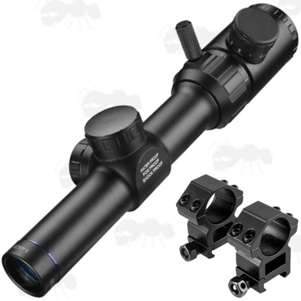 Pair of Flat Top High-Profile Scope Weaver / Picatinny Mounts with The Short 1-4x20 Red and Green Illuminated LPVO Rifle Scope Reticle