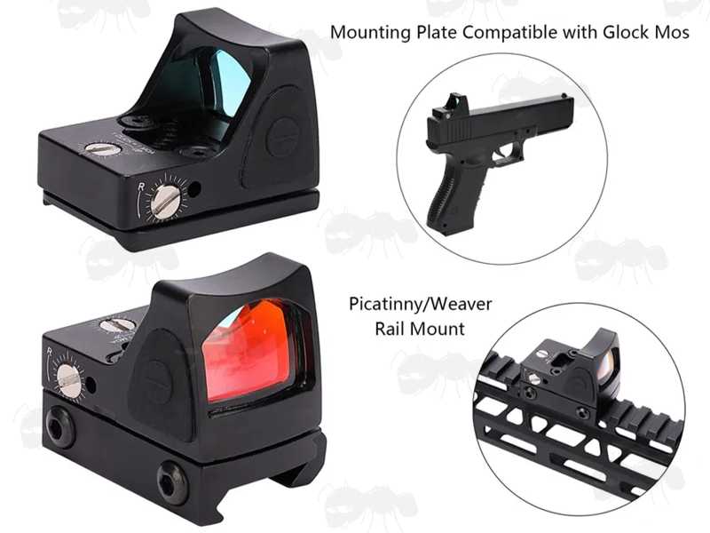 SOTAC RMR Base Sized Mini Reflex Sight with Brightness Settings Shown with its Pistol Base Plate Fitting and Picatinny Rail Mount