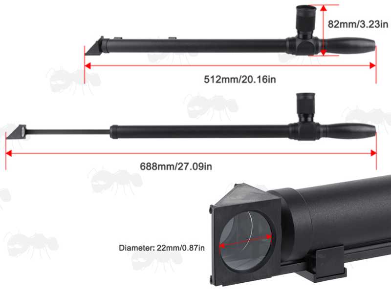 Retracted and Extended Lengths Shown of The Retractable 5x Magnification Periscope with 20mm Lens