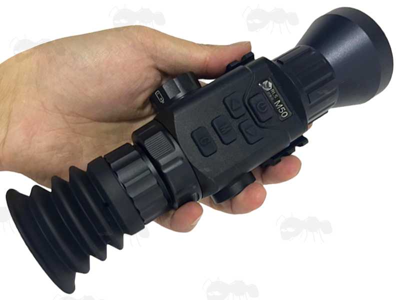 M50 Thermal Vision Rifle Scope Monocular, with Wide Objective Lens and Picatinny Rail Base Mount, Shown Held in Hand
