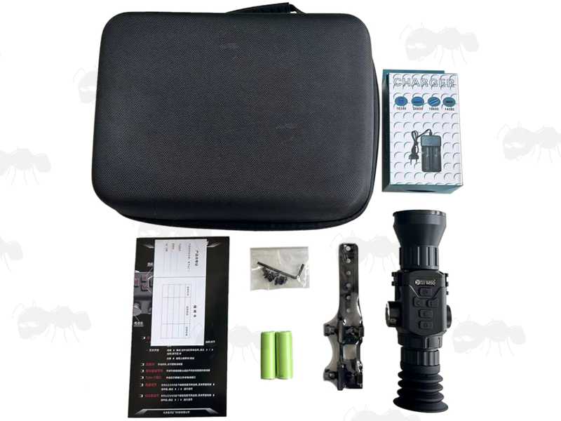 M50 Thermal Vision Rifle Scope Monocular, with Wide Objective Lens and Picatinny Rail Base Mount, Shown with Storage Case Kit
