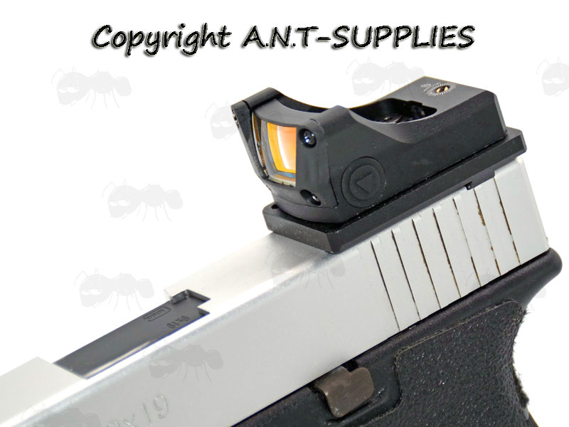 Black Anodised Topless Design Red Dot Reflex Sight Fitted to a Pistol