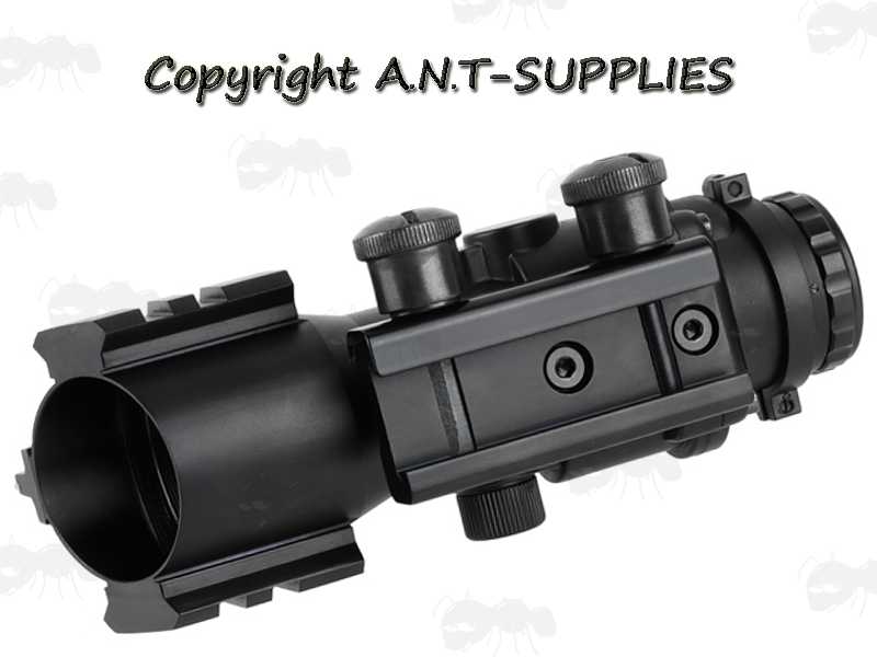 Base Rail Mount Fitting View of The AnTac Tri-Illuminated 4x32 Rifle Scope with Back-Up Fiber Optic Manual Sights