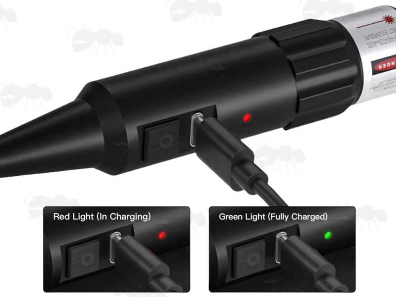 Universal Barrel Muzzle Fitting Red Laser Bore Sighting Kit, Shown On Charge