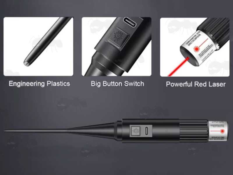 Features on The Universal Barrel Muzzle Fitting Red Laser Bore Sighting Kit for Pistols, Rifles and Shotguns