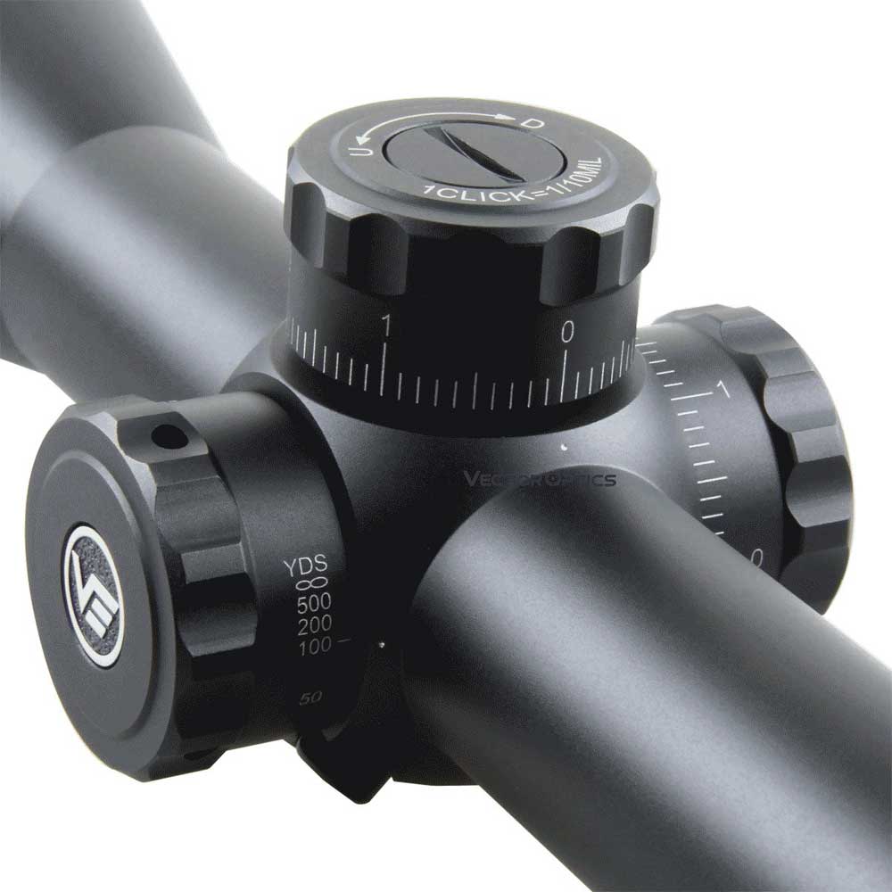 Close View of The Turrets on The Vector Optics 10x44SFP Marksman Rifle Scope