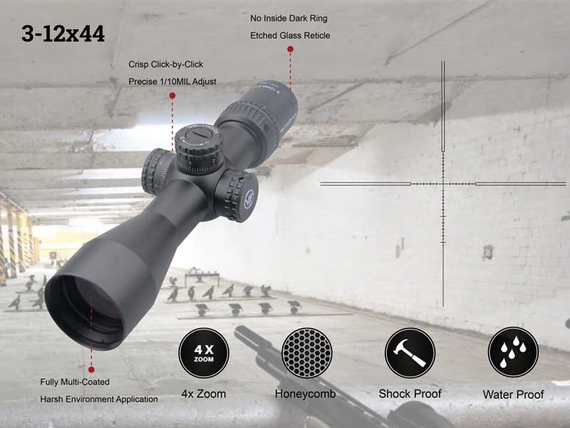 Advert for The Vector Optics 3-12x44SFP Veyron Rifle Scope